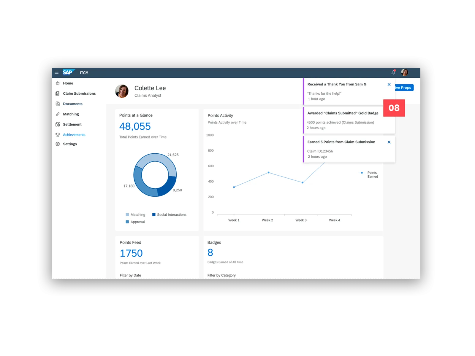 The achievements dashboard showing points, badges and community activity