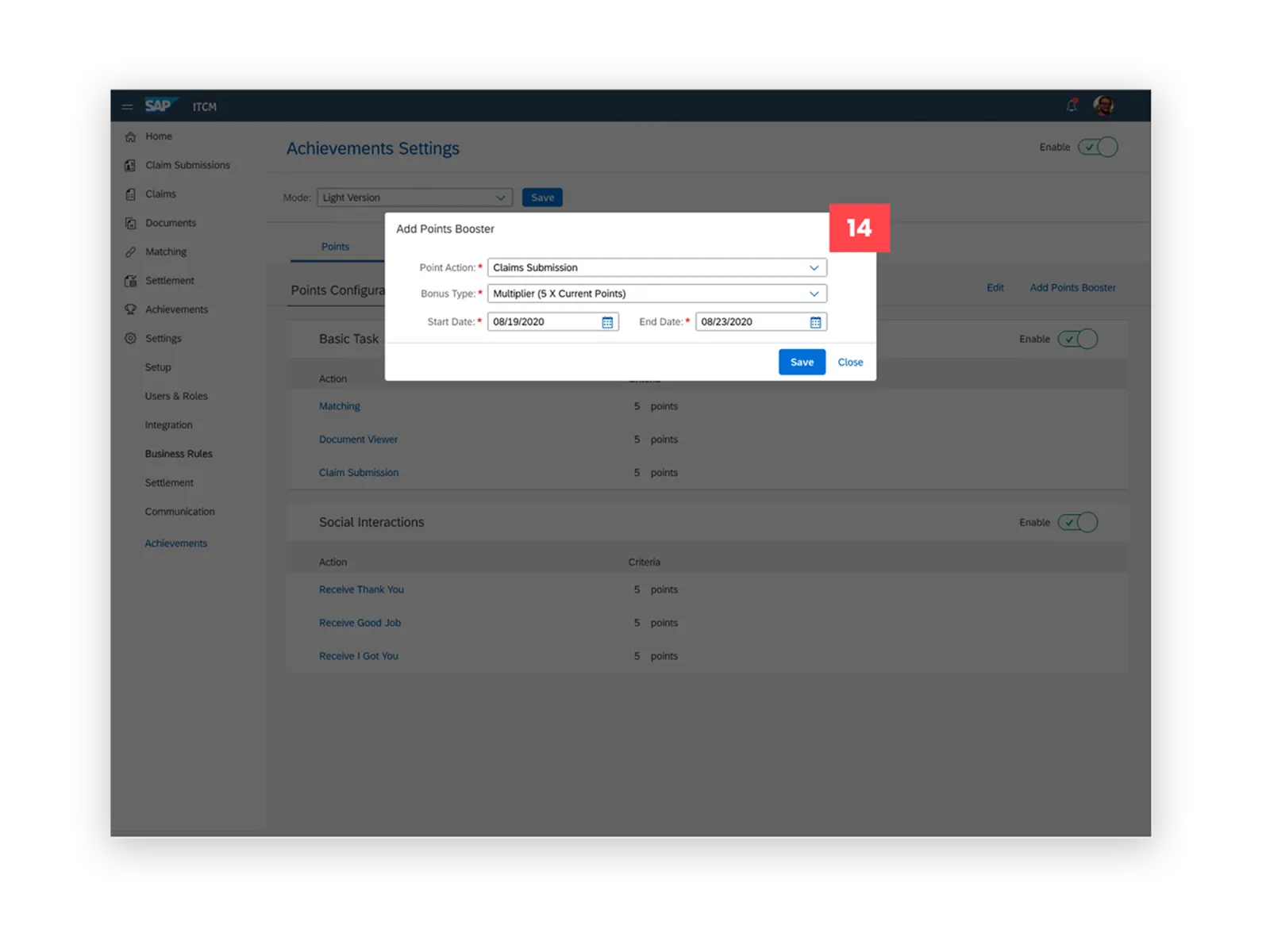 A manager adding a points booster, choosing an action, a multiplier and a date range