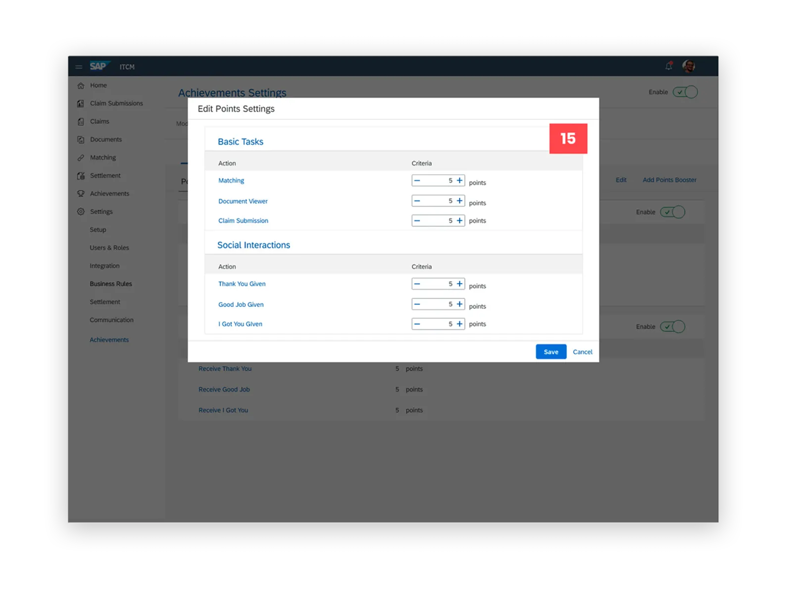 Points configuration screen listing basic tasks and social interactions with their point values