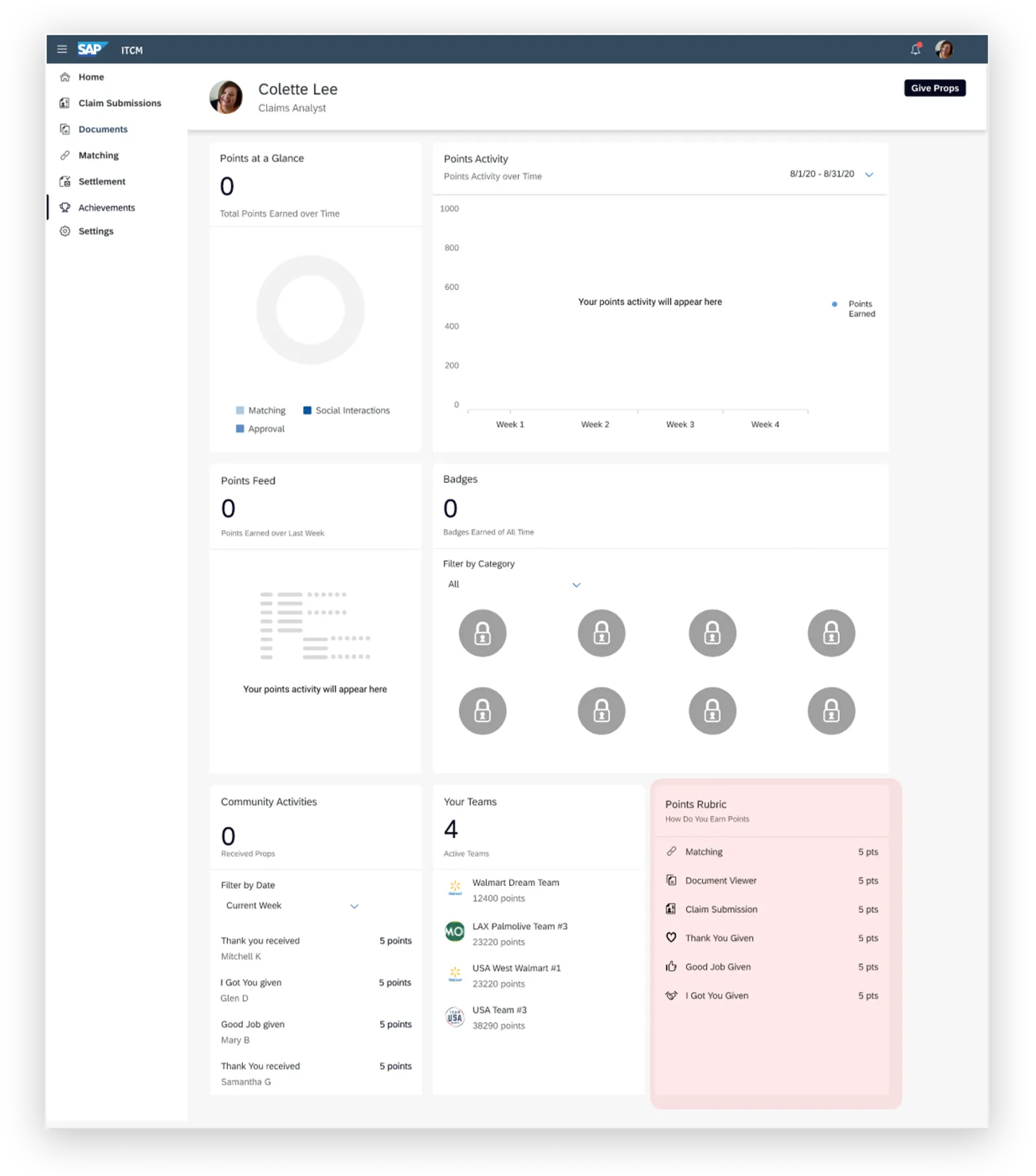 Achievements dashboard with a points rubric card visible on the page