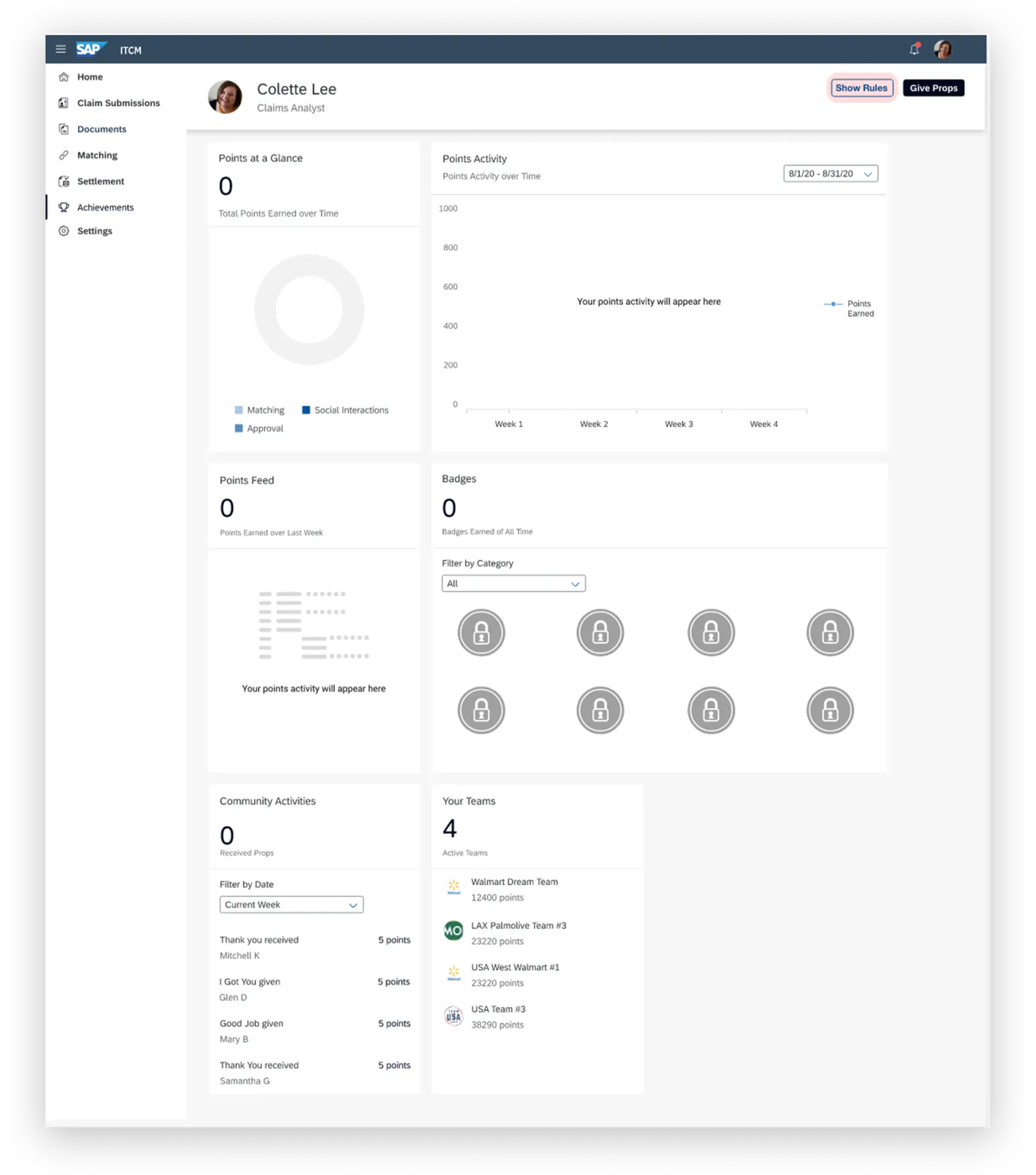 Achievements dashboard with a Show Rules button in the header