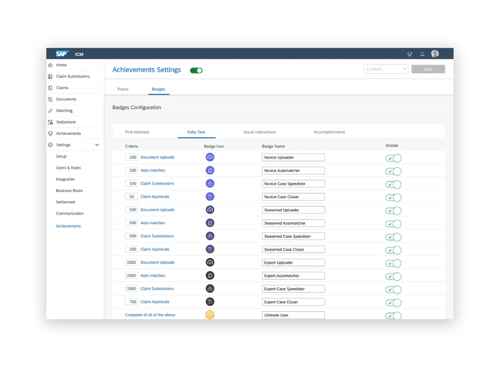 First version of badge configuration, a long table with criteria, icon, name and enable toggle for every badge